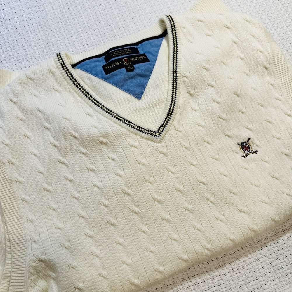 Vintage Tommy Hilfiger Golf Men V Neck Cable Knit Sweater Vest Cream szXL Preppy - Picture 5 of 14